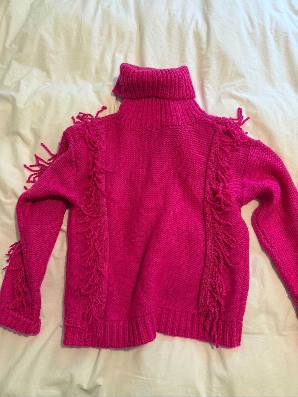 Loft Turtleneck Fringe Knit Sweater - Hot Pink